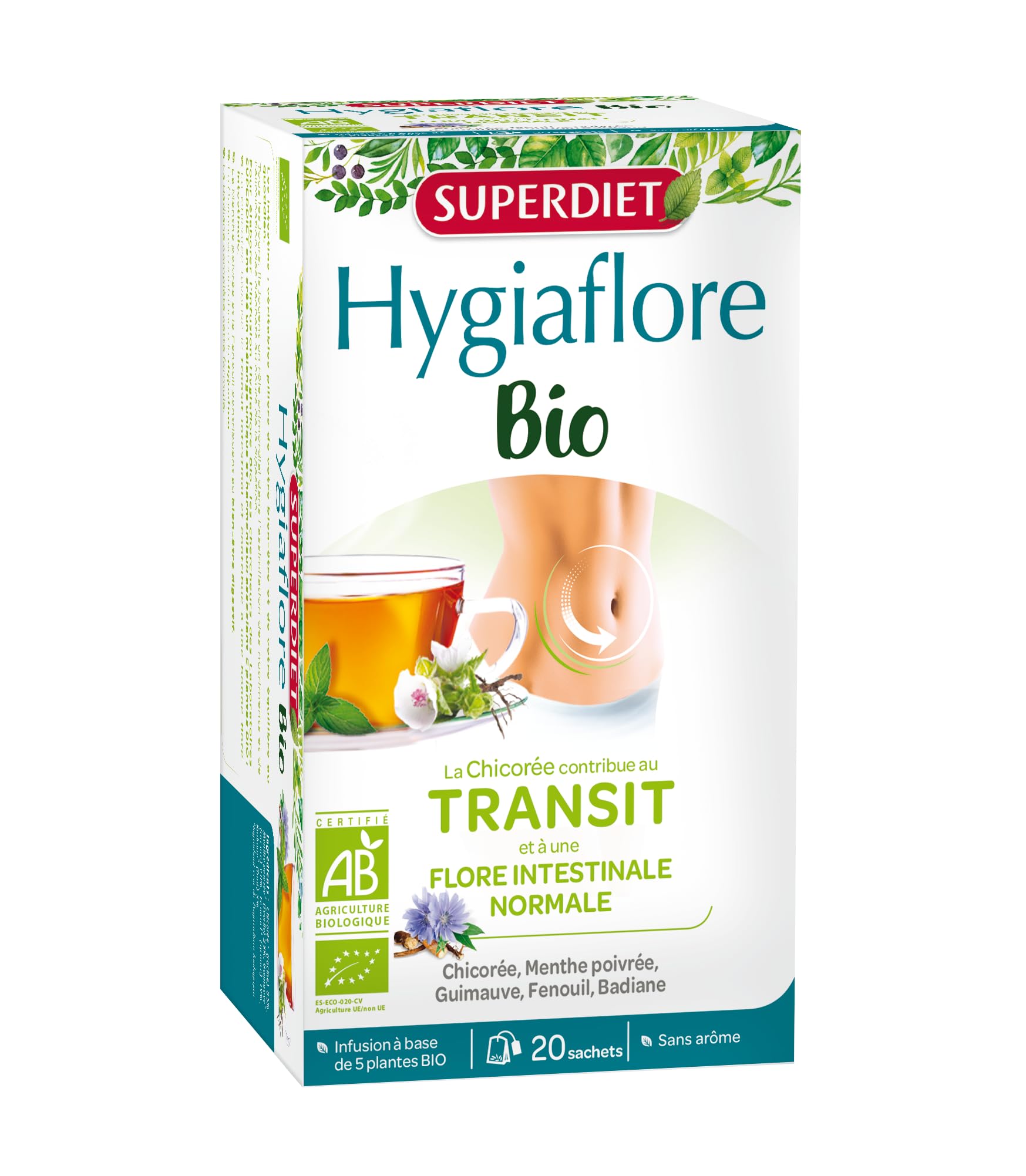 SUPERDIET HYGIAFLORE TRANSIT INFUSION BIO GOÛT MENTHE POIVRÉE POUR UN TRANSLUCIDE ET UNE FLORISATION INTESTINALES - PHYT